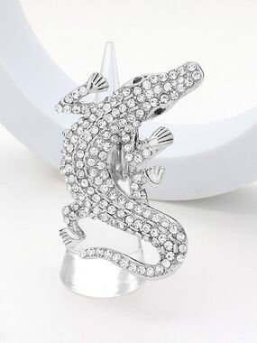 Silver Crystal Alligator Stretch Fashion Ring Rhinestone Finger Adjustable